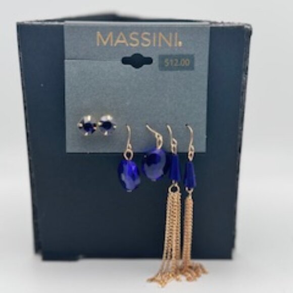 Massini 3 Pair Earrings - Gold Toned - Royal Blue - Studs/Drop/Long Dangle - Picture 1 of 5